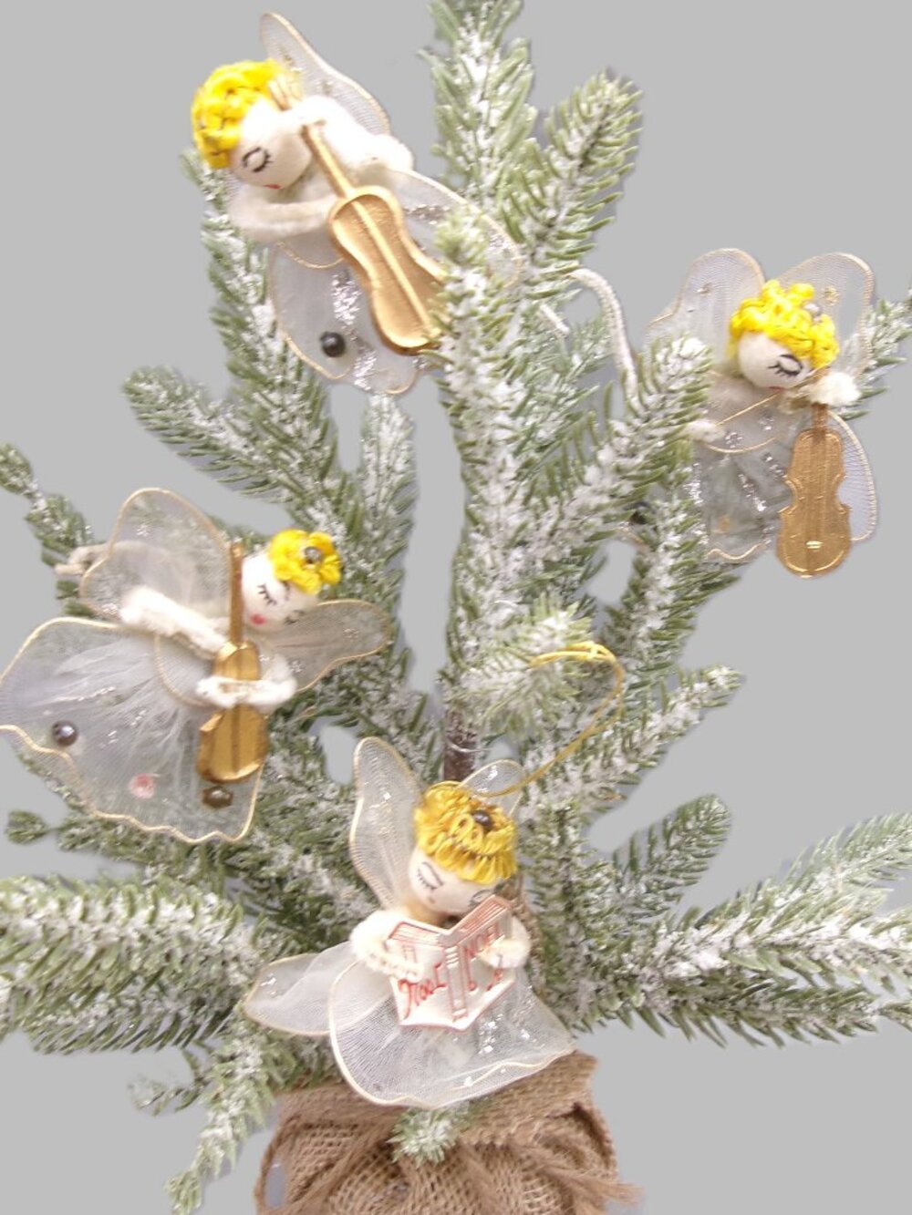 4 Tulle Spun Cotton Angel Ties Ornament Set, Vintage Christmas Lot